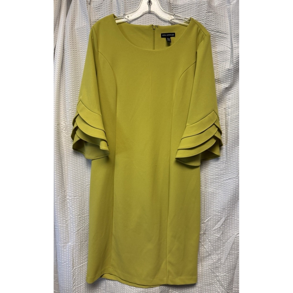 Nina Leonard Women's SZ L Ruffle Sleeve Classic Shift Dress Vibrant Olive Green
